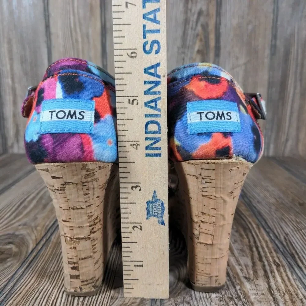 Toms Wedge Sandals Floral Hawaiian Platform Ankle Strap Peep Toe Shoes‎ Size 6